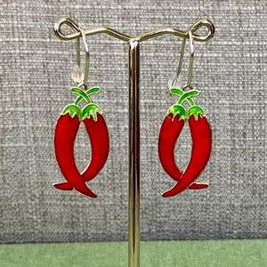 🌶🌶 Vintage Enamel Hot Chillies Sterling Silver Drop Dangle Statement Earrings